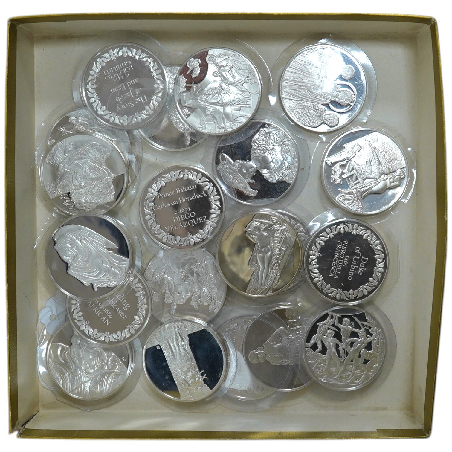 John Pinches, 21 proof silver medallions, each 2oz. from the set the Hundred Greatest Masterpieces